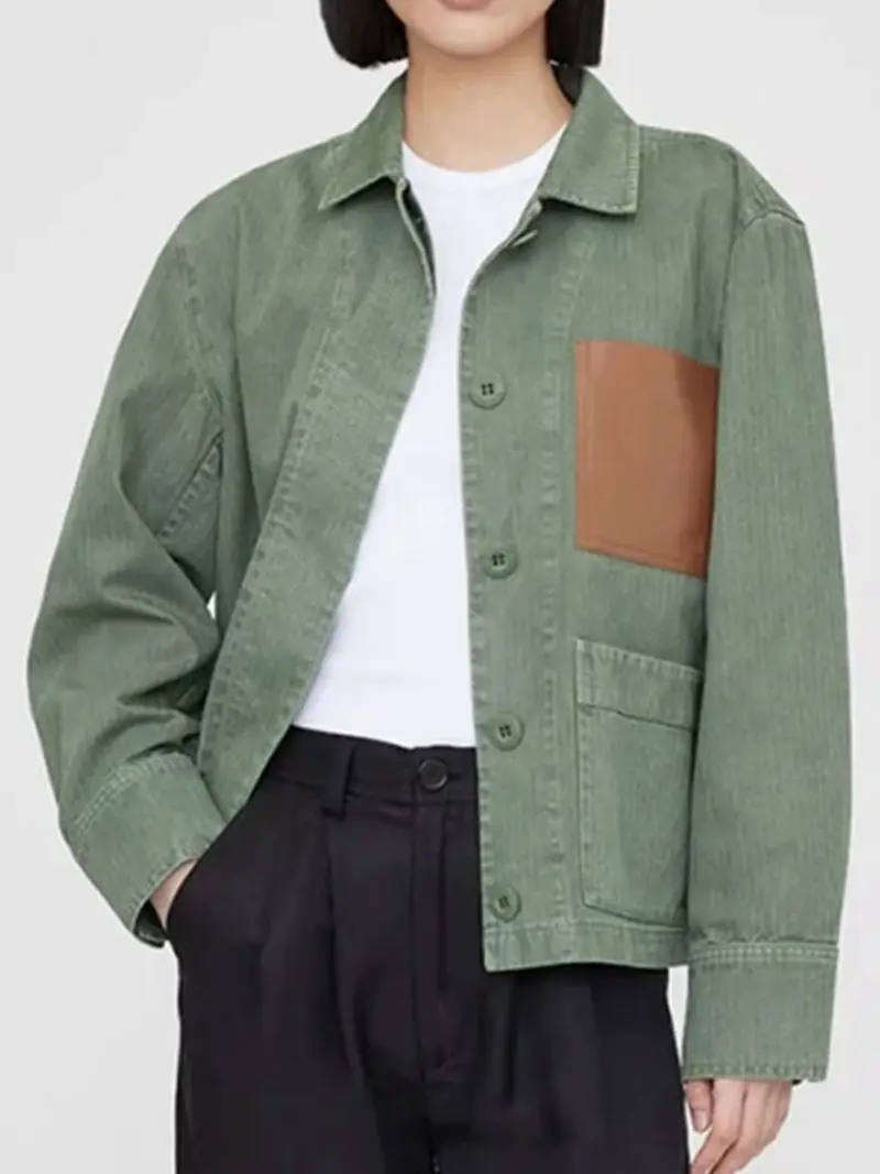 

Coat Women's Fall 2023 New Fashion Simple Work Style Polo Collar Long Sleeve Casual Green Jacket Coat Baseball