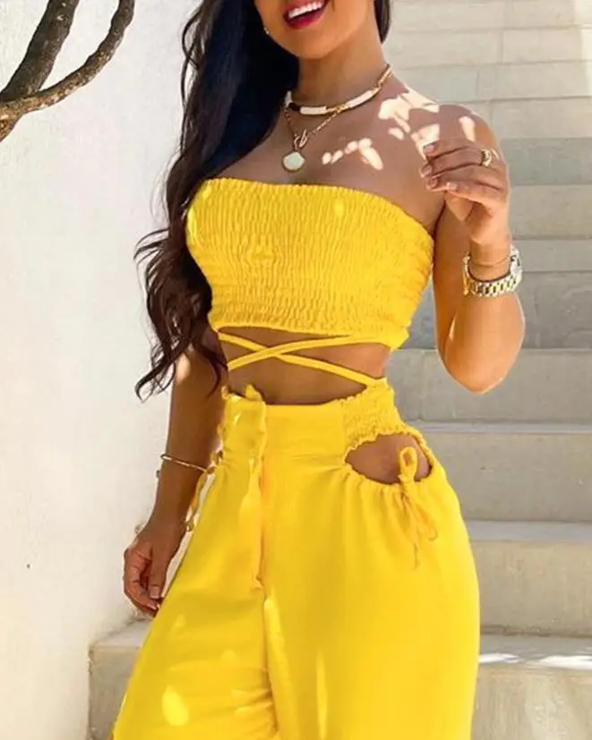 

Summer Sexy Two Piece Outfits Women Bandeau Plain Crisscross Shirred Crop Tube Top & Cutout Vacation Pants Set Fashion Lady