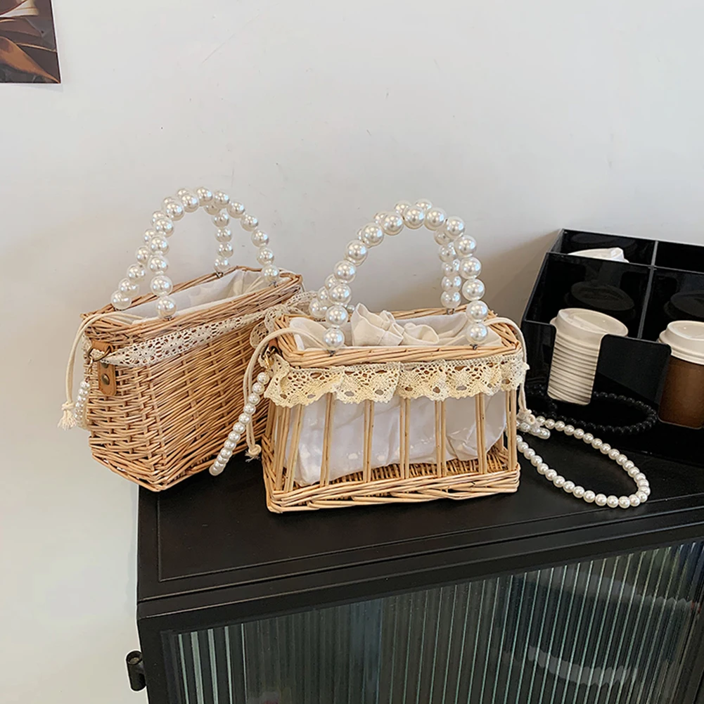 

Fashion Rattan Lace Pearl Shoulder Bag Basket Drawstring Woven Tote Bags Summer Women Bags Girls Small Beach Handbag