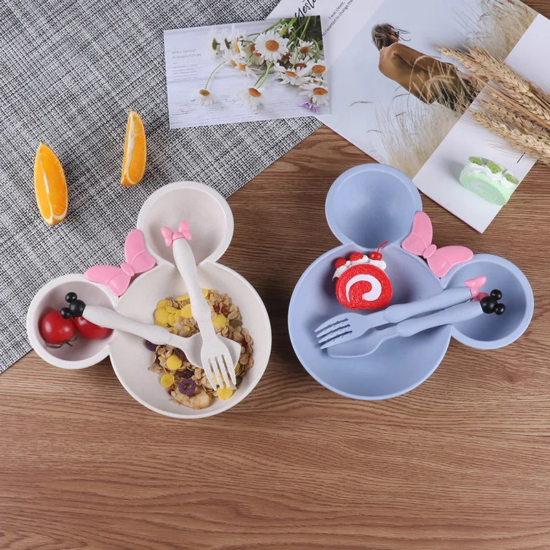 

1pcs Wheat Straw Baby Cartoon Tableware Set Children's Dishes Kids Dinner Platos Baby Feeding Plate Training Bowl Spoon Fork