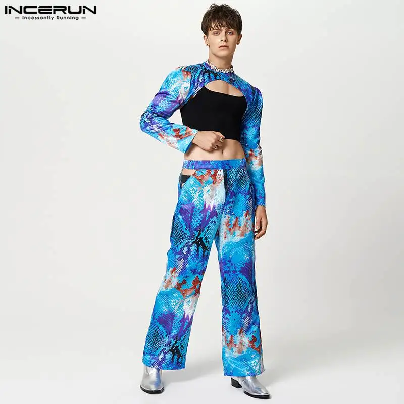 

Комплект INCERUN мужской с длинным рукавом, Модный ассиметричный кроп-топ с принтом и ажурные Брюки, уличная одежда, повседневные Костюмы, 2023