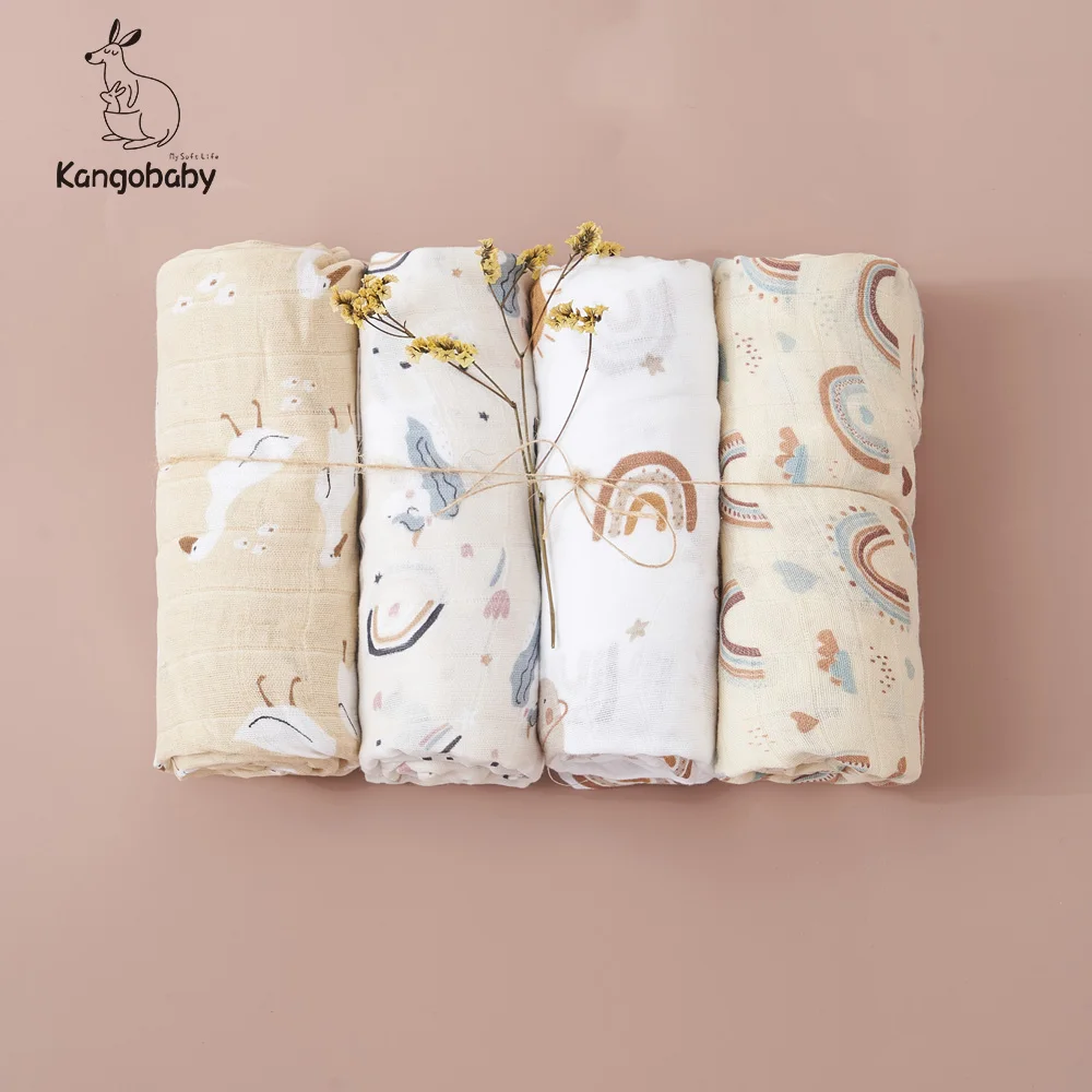 Kangobaby 100% Cotton 4PCS Gift Set #My Soft Life# Hot Sale All Season Popular Design Muslin Swaddle Blanket