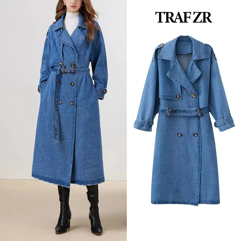 

Тренчкот из денима TRAF ZR, женские пальто и куртки, женская осенняя одежда, винтажное джинсовое Женское пальто, тренд 2023