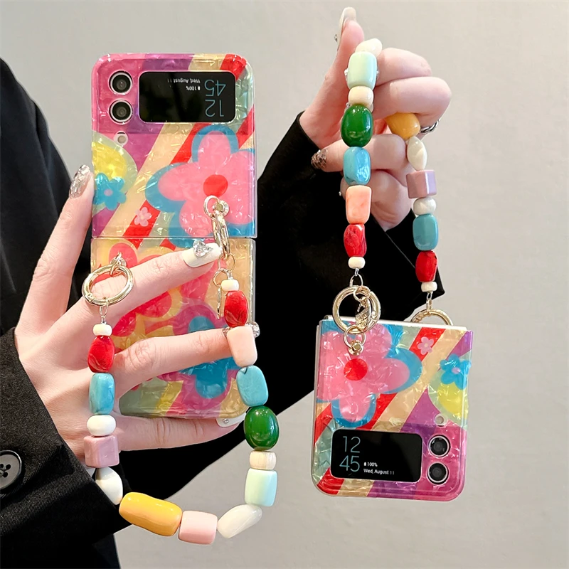 

Color Beads Bracelet Phone Case For Samsung Galaxy Z Flip 4 3 Z Flip3 Flip4 5g Cover Cute Flower Conch Shell Texture Soft Cases