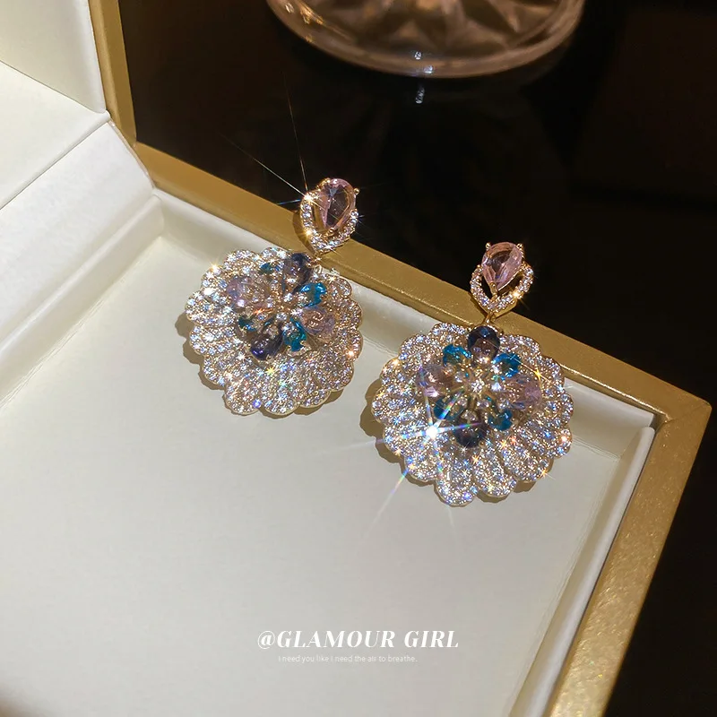 

Real gold plated silver needle set with diamond zircon earrings Baroque fan leaf flower stud earrings earings fashion jewelry