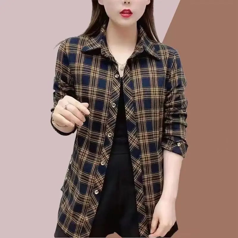 

Women's Long-Sleeved Plaid Shirt Loose Autumn Female All-match Blusas Ropa De Mujer Tops Casual Outwear Vintage Femme Blusas G41