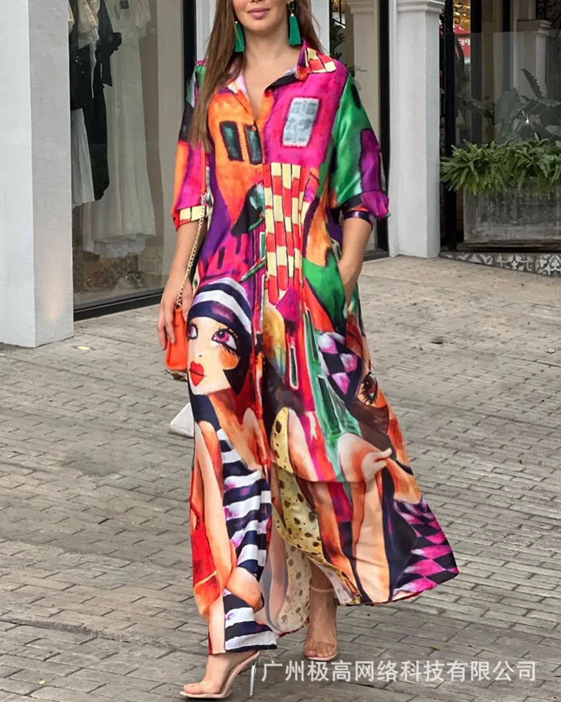 

Women Long Maxi Dress Turn Down Neck High Waist Buttoned Abstract Figure Print Shirt Dress Button Fashion Casaul Loose