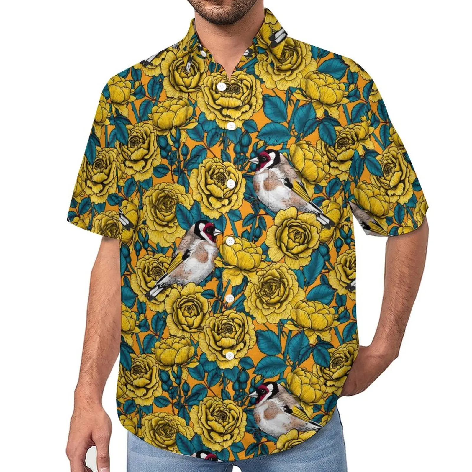 

Rose Flowers Vacation Shirt Goldfinch Birds Hawaiian Casual Shirts Mens Aesthetic Blouses Short-Sleeve Design Clothing Plus Size