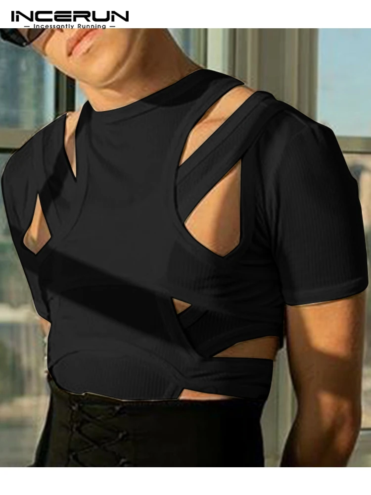 

Stylish Men's Camiseta Solid Color All-match O-neck Short Sleeve Streetwear Hollow Comfortable T-shirts S-5XL INCERUN Tops 2022