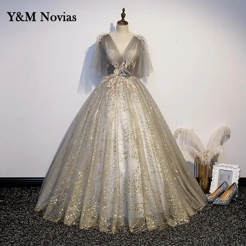 Y&M Novias New glitter Grey Ball Gown V Neck Quinceanera Dress Prom Dress Floor Length Plus Size Vestido De 15 Anos De Debutante
