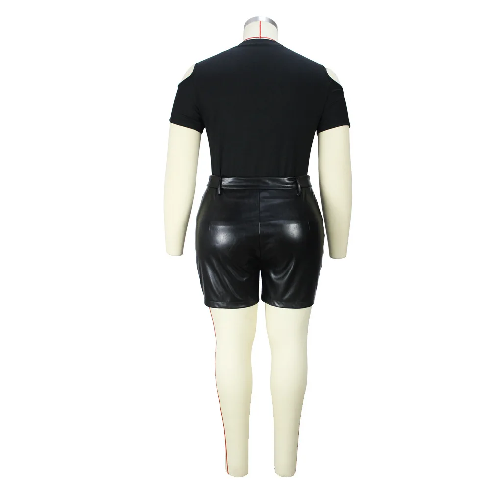 Plus Size Sets Fashion Women's Solid Color Off Shoulder Top Sexy Hip Bag Leather Pants Suit Women Clothing 2 Pieces Set Slim