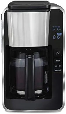 

Cup Programmable Front-Fill Drip Coffee Maker with Glass Carafe, Auto Shutoff, 3 Brew Options, Black with Stainless & Chrome