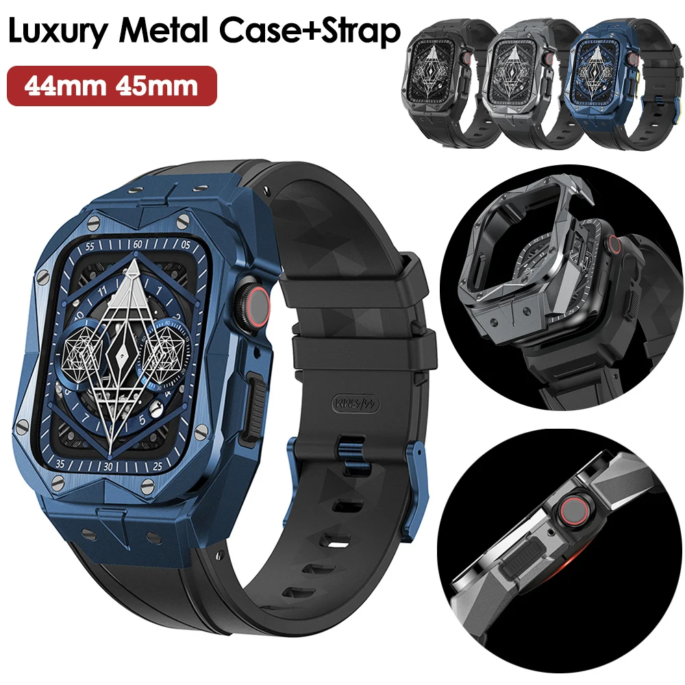 

Металлический чехол для Apple Watch серии 7 44 45 мм, для iWatch SE 7 6 5 4, роскошный силиконовый резиновый комплект для модификации, аксессуары