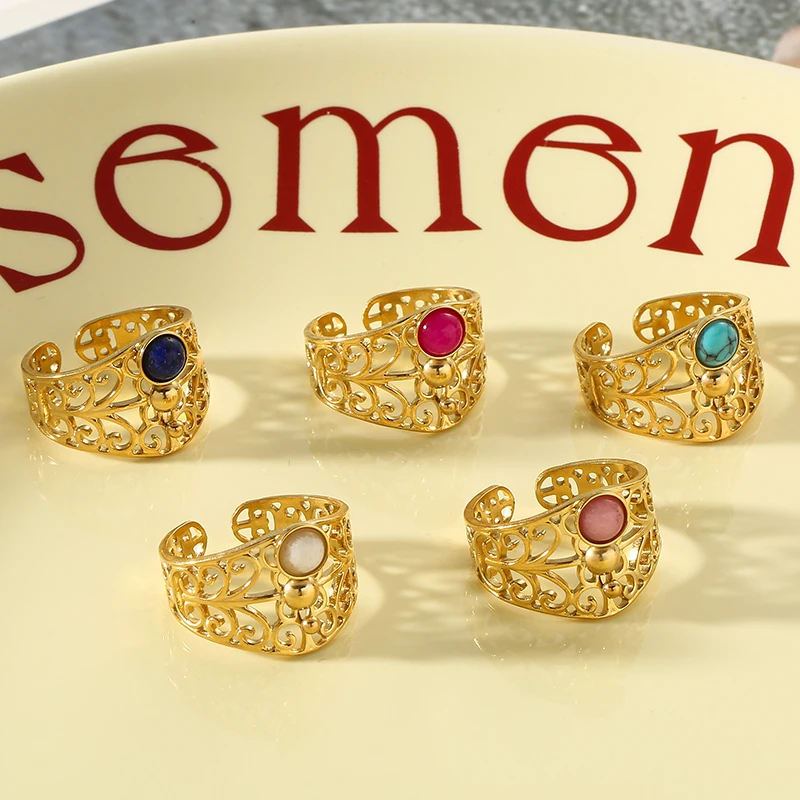 Женское кольцо из нержавеющей стали регулируемое с натуральным камнем