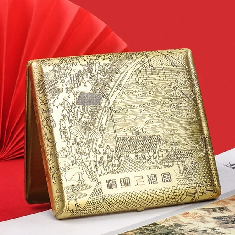 Фото 20 шт. портсигар Qingming Shanghetu, латунный модный влагостойкий портативный металлический ящик, мужской подарочный набор №2