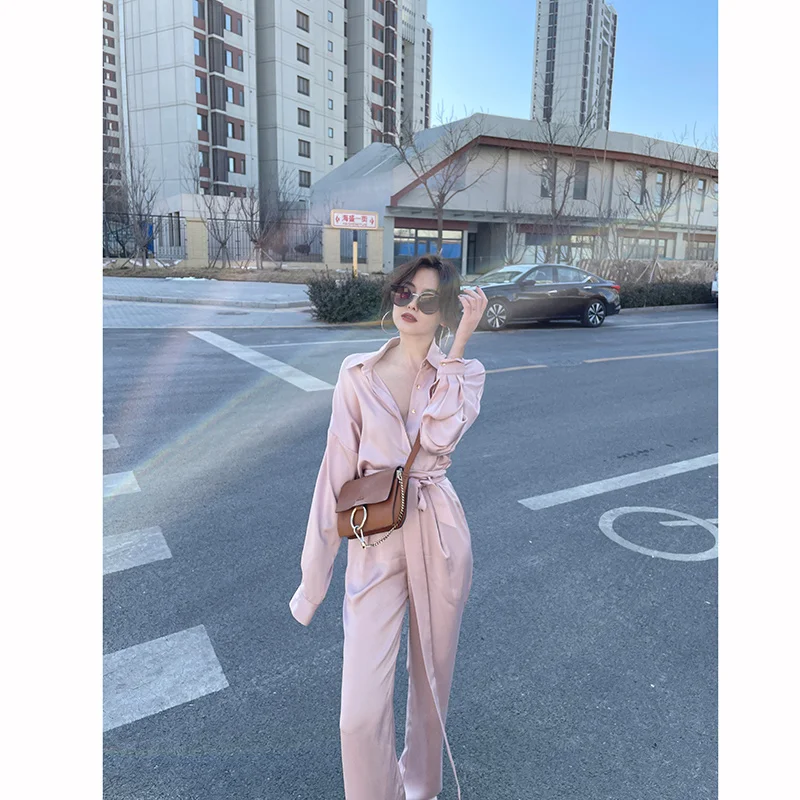 

Summer Party Women's Blouse + Wide Leg Pants Sets Long Sleeves Solid Loose Suit High Waist Two Piece Set Tum-down Collar