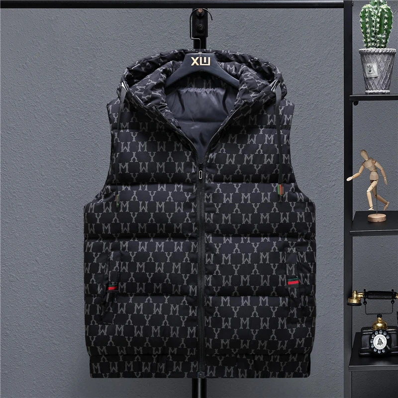 Men's Down Cotton Vest Autumn and Winter Fashion Men and Women Jacket Vest Men's Casual Hooded Sleeveless Down Jacket Men's Coat