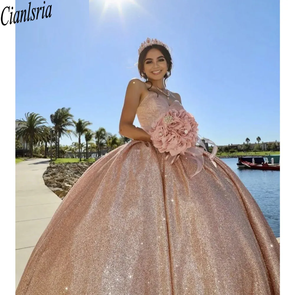 

Rose Gold Quinceanera Dresses 2022 Sweetheart Sequins Sweet 15 16 Dress Backless Puffy Skirt Birhtday Party Ball Gown Prom