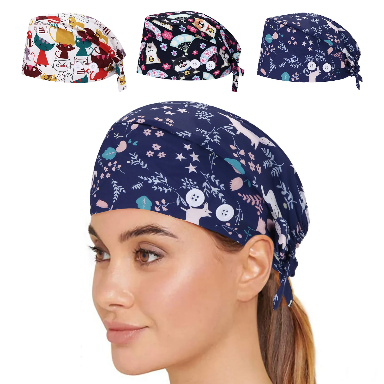 

Women Adjustable Unisex Scrubs Cap With Sweatband Stand Ear Nurse Hair Cap Uniform Hat Cartoon Print Nurse Uniform Accessories