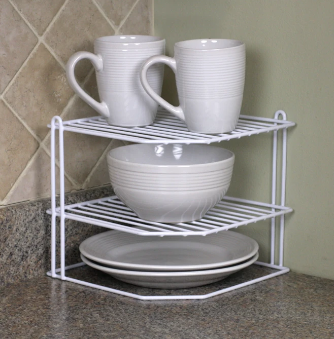 

3 Tier Vinyl Coated Steel Corner Organizing Storage Rack, White, 2 Shelves, 9" x 9" x 8.5"