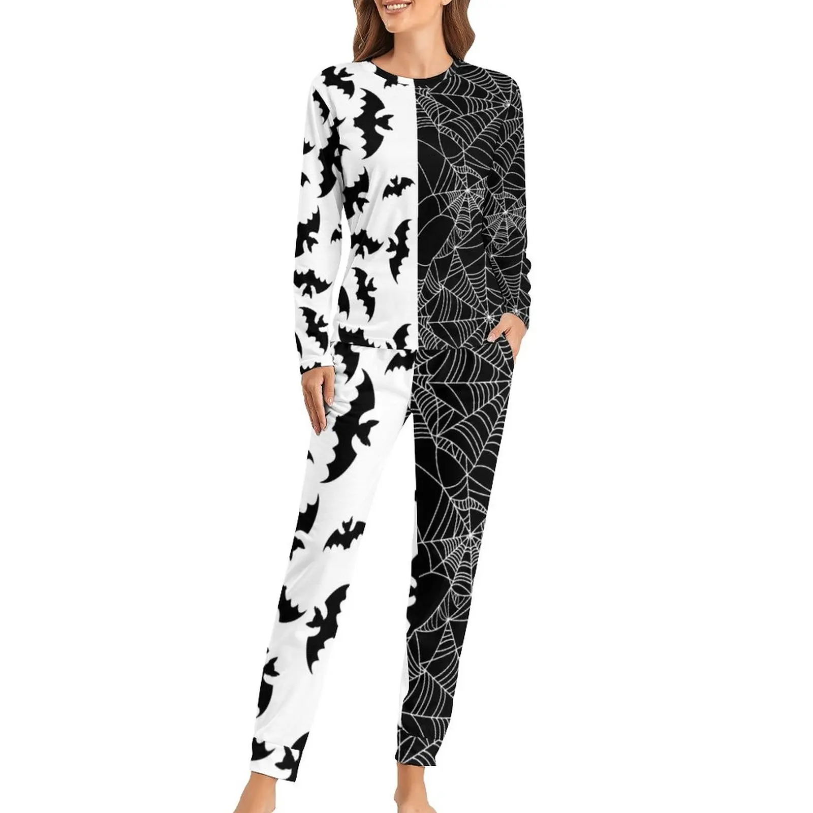 

Black Bat Pajamas Webs Print Two Tone Sleep Oversize Sleepwear Women 2 Piece Graphic Pajama Set Hot Long Sleeve Lovely Home Suit