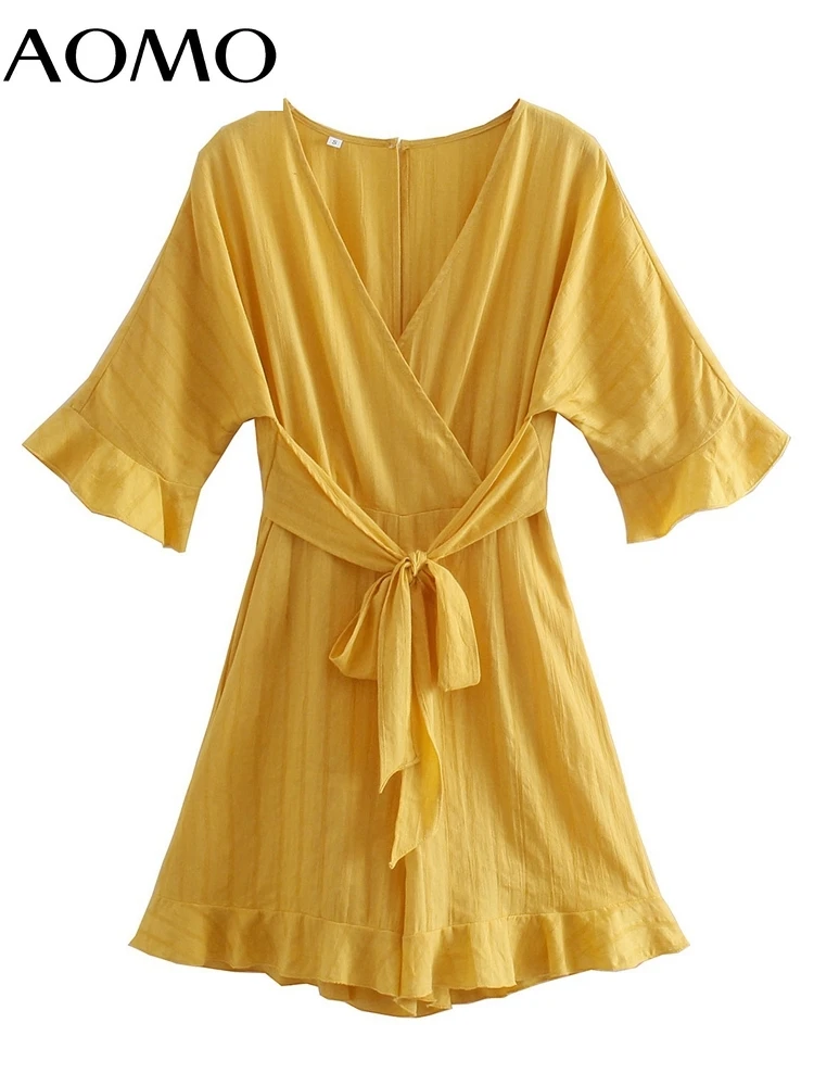 

AOMO Fashion Women Green Ruffles Summer Rompers Short Sleeve with Slash Female Casual Playsuit 1F73A