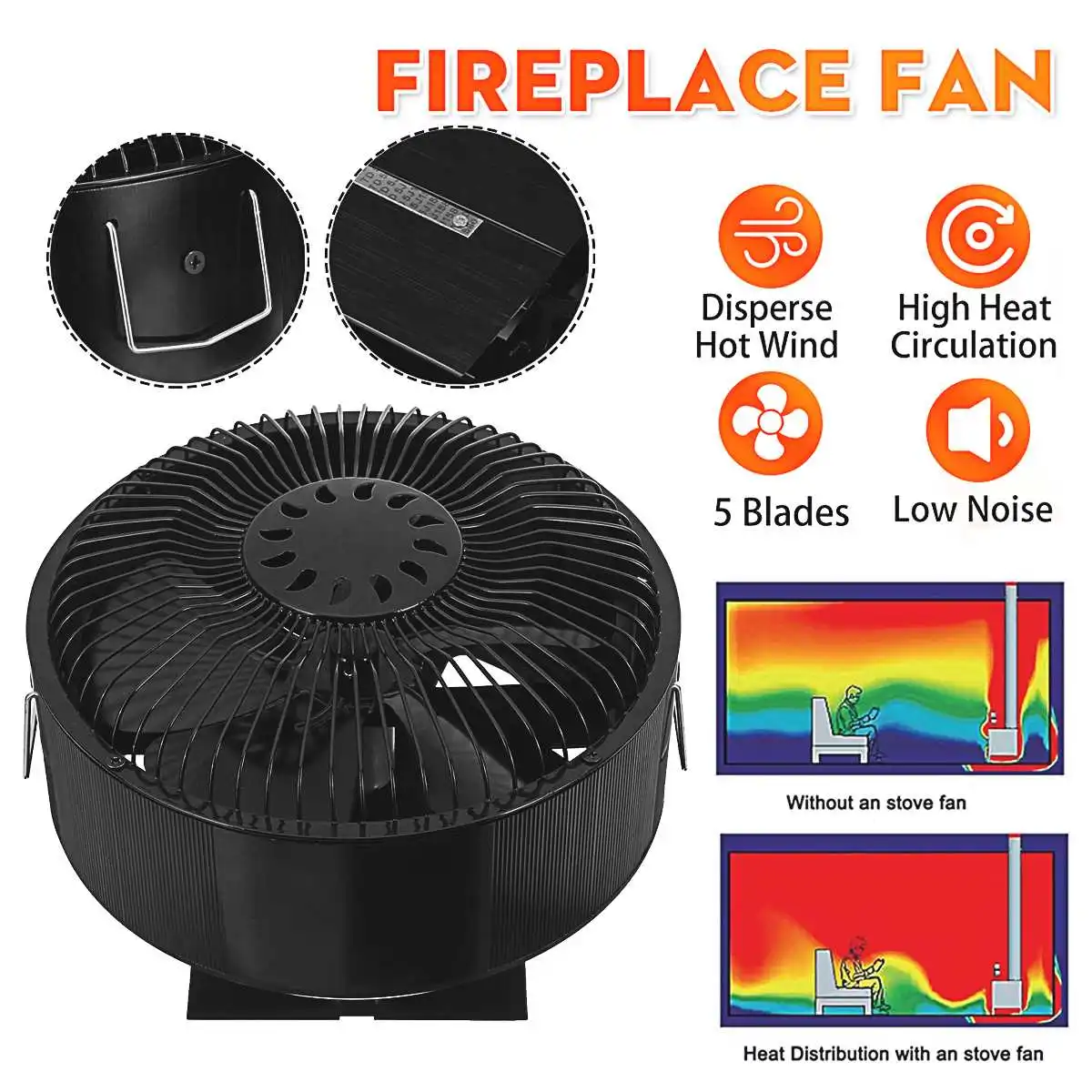 

New 5 Blade Black Fireplace Fan Heat Powered Stove Fan Log Wood Burner Eco Friendly Quiet Fan Home Efficient Heat Distribution
