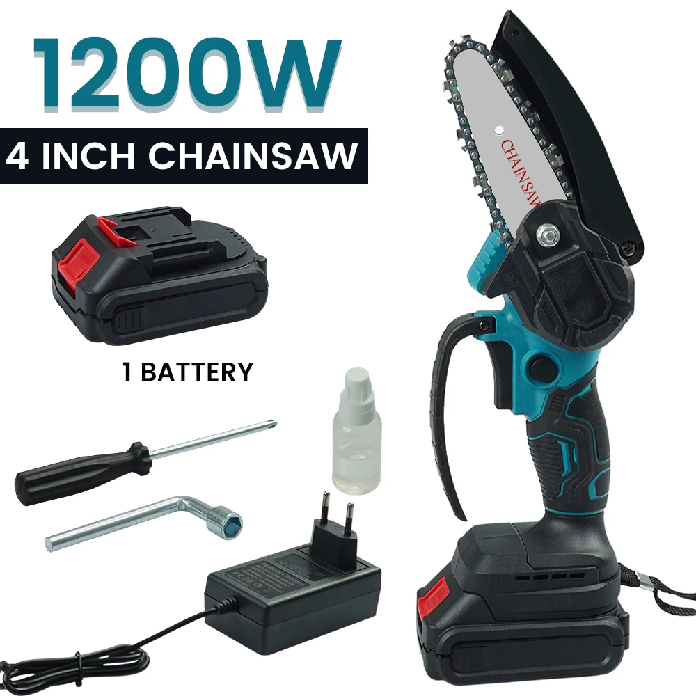 

4 Inch 1200W 88V Mini Electric Chain Saw With Battery Indicator Rechargeable Woodworking Tool For Makita 18V Battery EU Plug