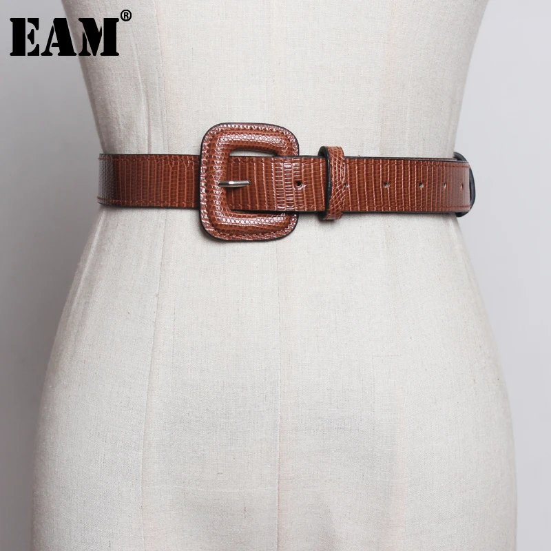 

[EAM] Pu Leather Big Square Buckle Split Joint Long Belt Personality Women New Fashion Tide All-match Spring Autumn 2023 1A779