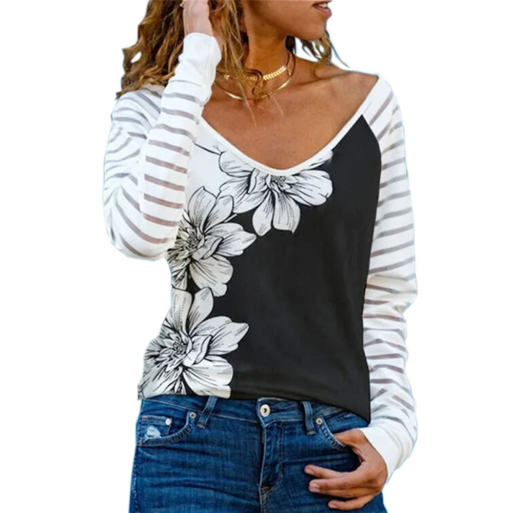 

Autumn Tshirt Women Raglan Sleeves Floral Letter Print Striped Long Sleeve Women Top Casual Loose Tshirt Women Pullover