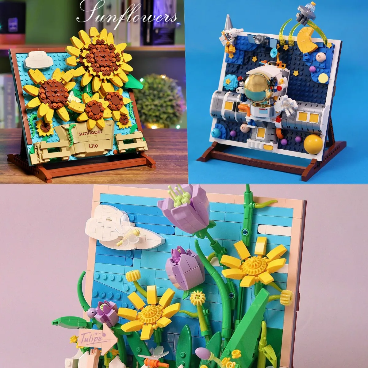 

MOC Creative Astronauts Sunflower Tulip Model Building Block Creative Artwork 3D Painting Home Decoration Toys For Brithday Gift