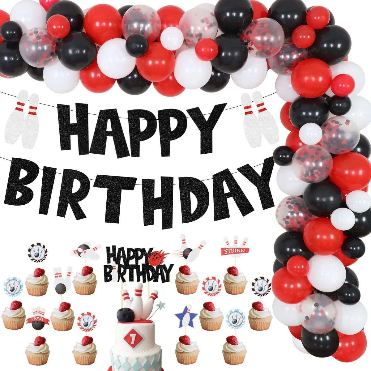 Funmemoir Bowling Theme Birthday Party Decorations Balloon Garland Arch Kit Bowling Ball Banner Cupcake Toppers Party Supplies