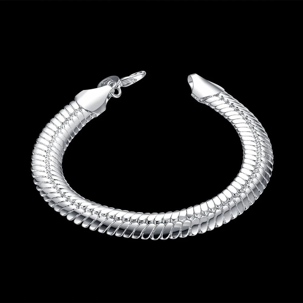 

Hot 925 Sterling Silver Bracelets 10MM Flat Snake Bone Chain for Men Classic Wedding Party Wild Christmas Gifts Jewelry
