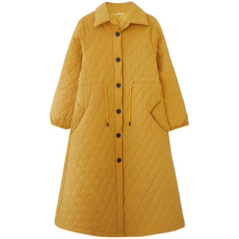 2021 Fashion Women's Winter New Quilted Cotton Cardigan Long-sleeved Stand-up Collar Solid Color Wild Literary Retro Long Coat