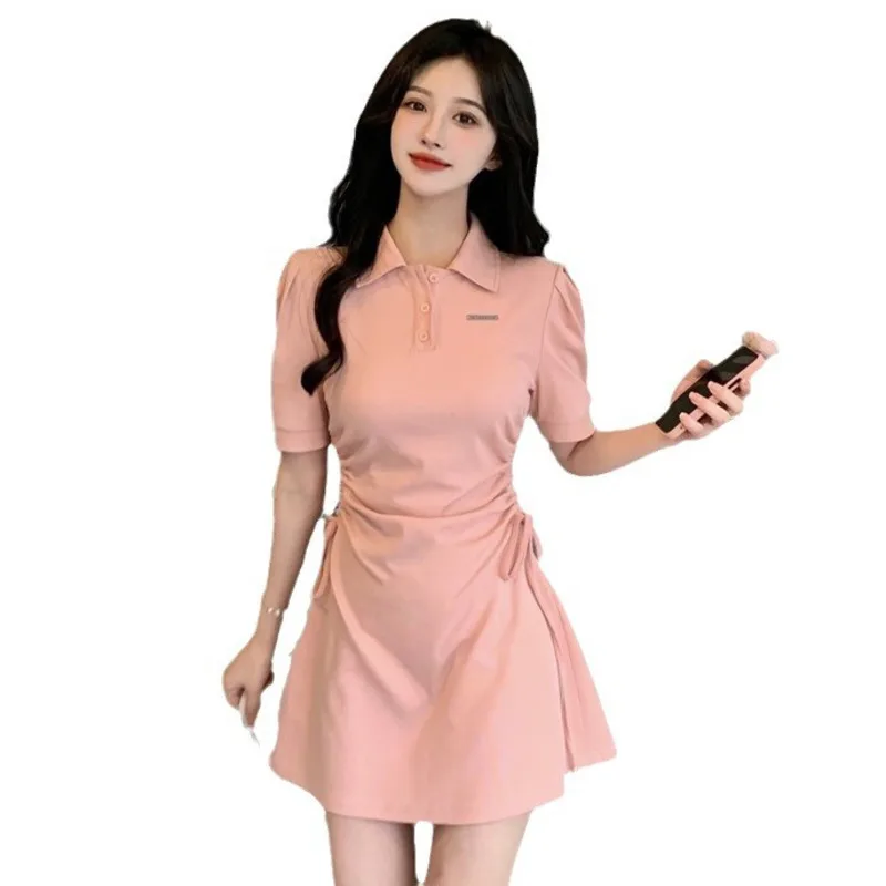 Лидер продаж женская одежда Однотонная юбка-поло с коротким рукавом и