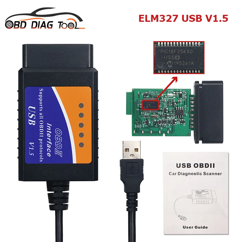 Автомобильный сканер ELM 327 USB V1.5 PIC18F25K80 чип OBDII ELM327 1 5 инструмент 16-контактный