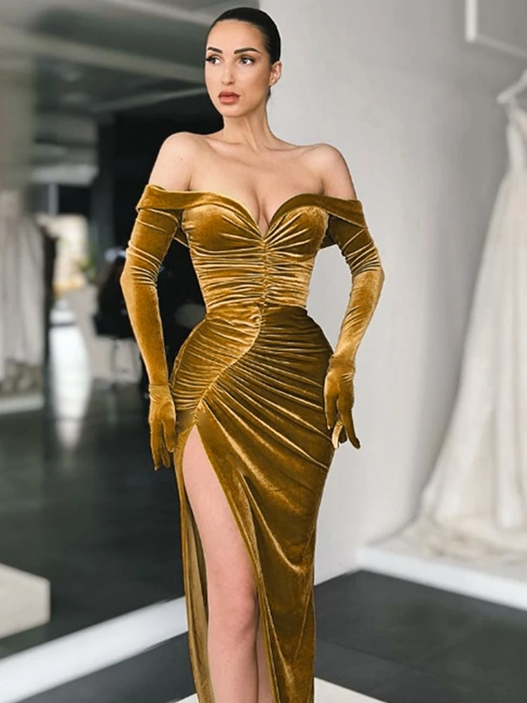 

Elegant Ruched Slit Sexy Backless Draped Maxi Dress for Women Autumn Evening Gloves Sleeve Prom Strapless Long Dresses Gown Robe