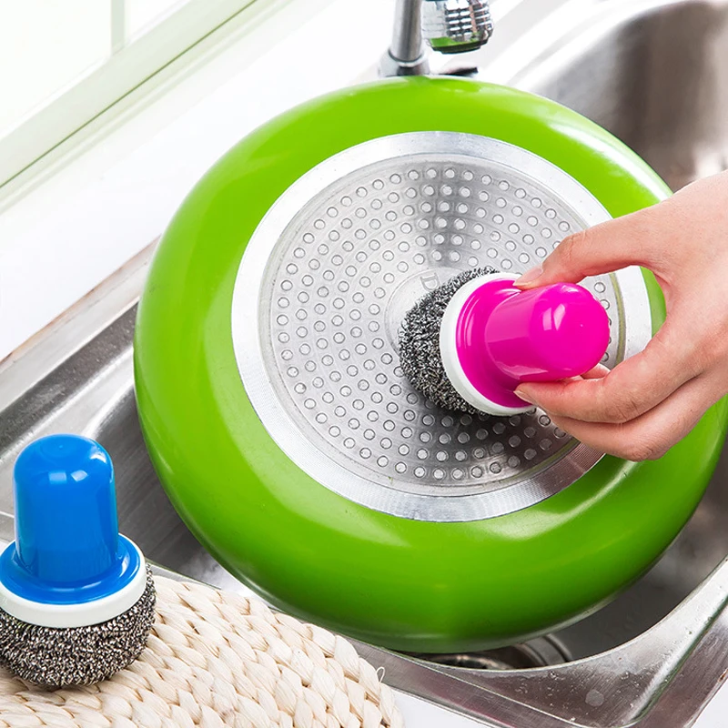 

Steel Wire Ball Cleaning Brush with Handle Kitchen Cleaner Tool for Washing Pot Dish Pan Bowl Scouring Pads Practicle Brush U3