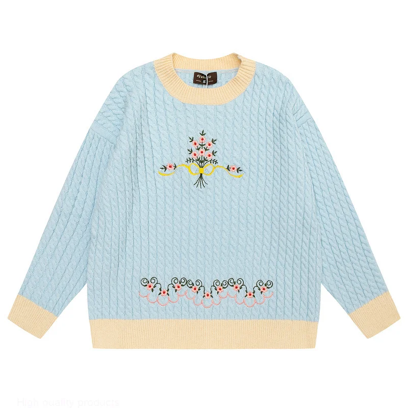 

Harajuku Embroiderey Colorblock Knitted Ugly Sweaters Men Hip Hop Vintage Casual Loose O-Neck College Style Pullover Couples Top