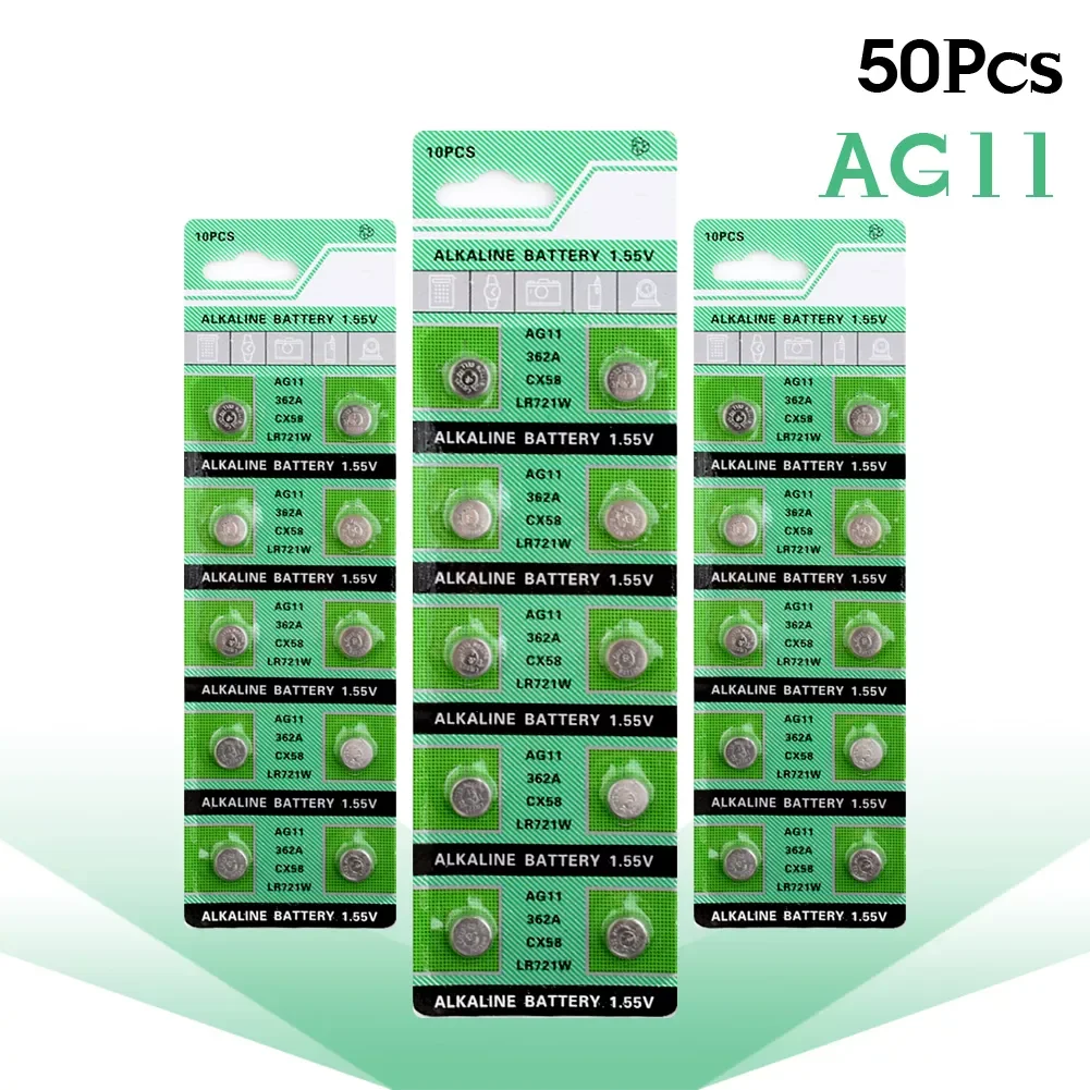 NEW Button Battery 50pcs 1.55V AG11 LR721 LR 721 Alkaline Coin Cell 362A SR720 SR721SW SR58 162 423 For Watch Toys Camcorders
