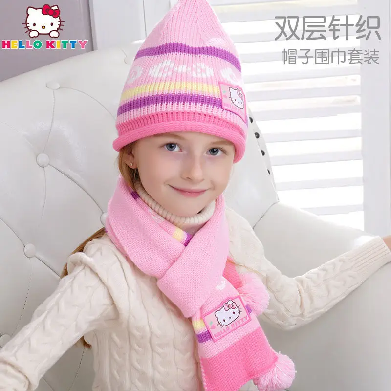 

Детская шапка Hello Kitty осенний/зимний комплект из шарфа для девочки Теплый вязаный комплект из двух предметов для девочки
