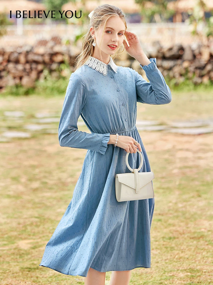 

I BELIEVE YOU Cotton Dress for Women 2022 Autumn New Chic Turndown Collar Nine Points Sleeve Mid-calf Striped Vestido 2213093958