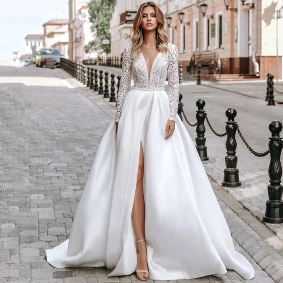 Charming Side Slit Long Sleeve Wedding Dresses 2022 A-Line Sexy Deep V-Neck Backless Lace Bridal Gown Sweep Train Satin