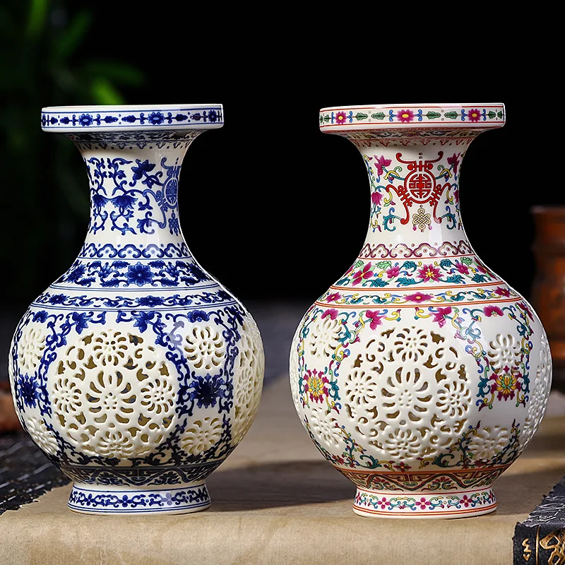 

Antique Jingdezhen Ceramic Vase Chinese Pierced Vase Wedding Gifts Home Handicraft Furnishing Articles