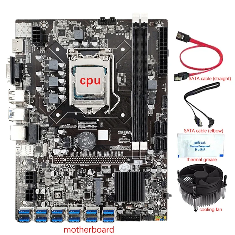 

B75 12 GPU BTC/ETH Mining Motherboard+CPU+Cooling Fan+Thermal Grease+2X SATA Cable 12 USB3.0 Slot LGA1155 DDR3 SATA3.0