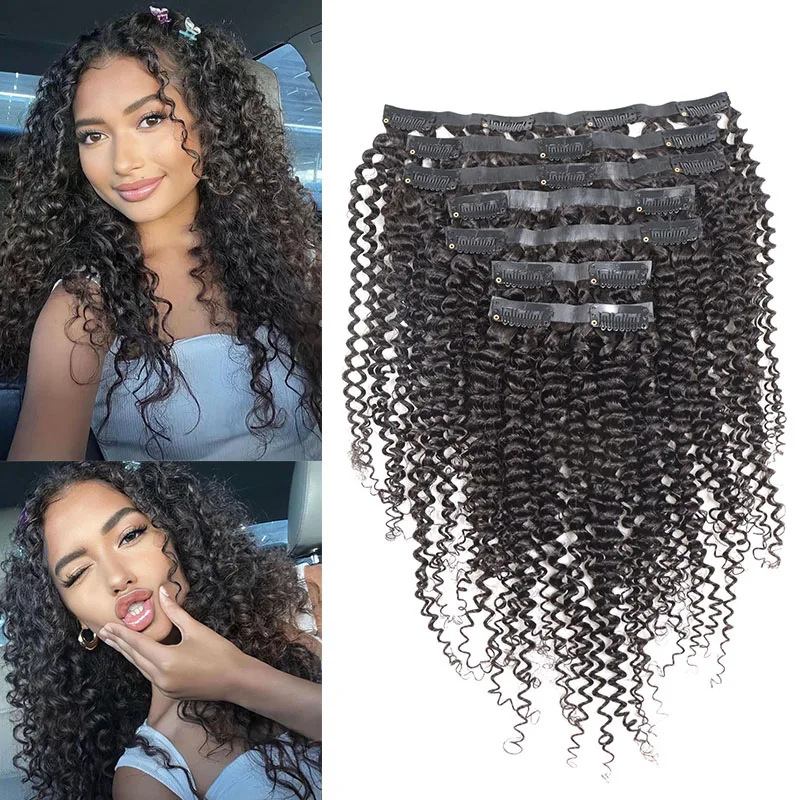 

PU Kinky Curly Clip In Hair Extension 120g Seamless Full Head 7 PCS 100% Natural Color Virgin Indian Human Hair 14"-30"