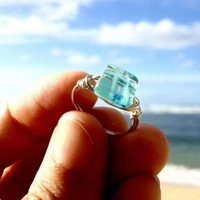fashion charm square cut sea blue crystal metal rings for men women personality casual simple jewelry