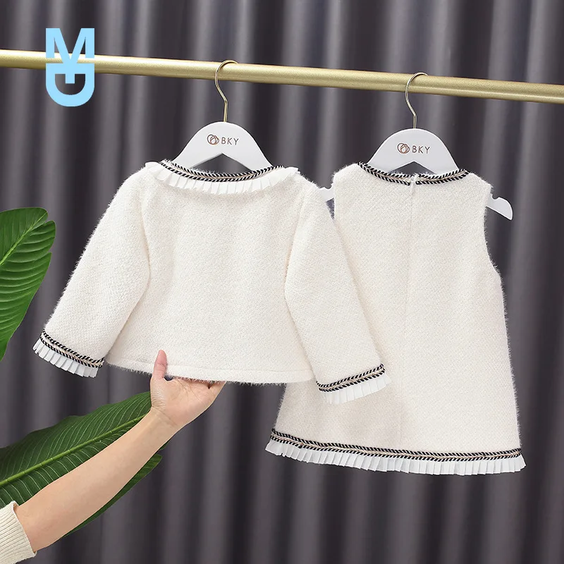 

New Brand Quality Girls Baby Elegant Clothing Set Velvet Winter Warm Princess 2pcs Suits(coat+dress),toddler Sweet Girl Clothes