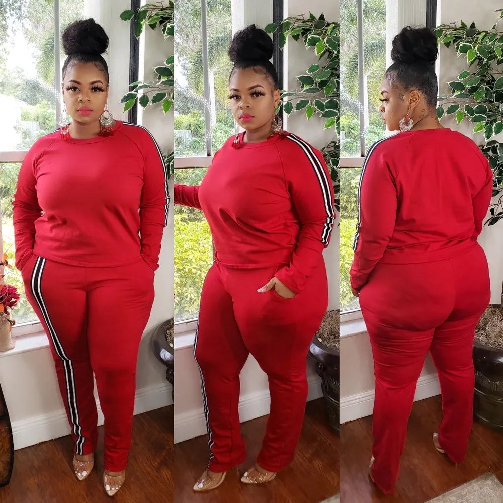 Plus Size Women Sets Long Sleeve Strip Shirts And Pants 2022 Autumn Two Piece Sets Fashion Female Club Wholesale Clothes