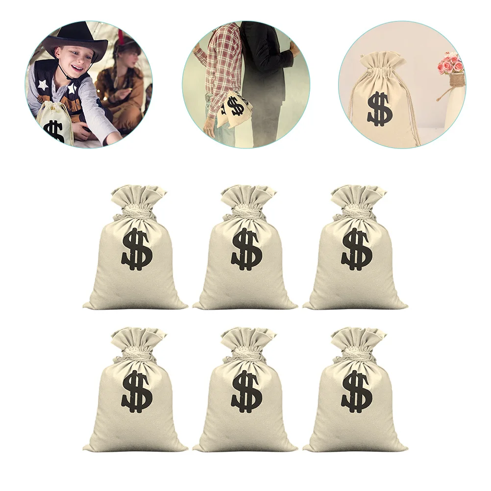 

6 Pcs Dollar Sign Money Bag Pirate Booty Party Decorative Handbag Cowboy Cosplay Theme Costume Cotton Print Drawstring